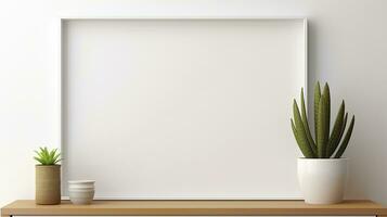 One photo frames and a pot of succulent plants on a white shelf. AI Generated