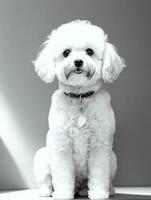 Happy Dog Bichon Frise Black and White Monochrome Photo in Studio Lighting