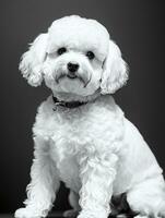 Happy Dog Bichon Frise Black and White Monochrome Photo in Studio Lighting