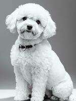 Happy Dog Bichon Frise Black and White Monochrome Photo in Studio Lighting