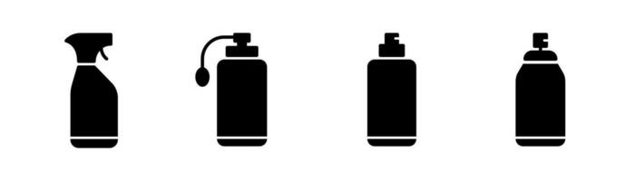 Spray can icons set. Spray bottle icon in glyph. Cleaning aerosol bottle. Spray can icons set in glyph. Black cleaner bottle set. Stock vector illustration