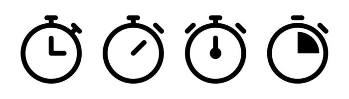 Stopwatch icons set. Timer symbol. Outline stopwatch icon. Alarm pictogram. Transparent stopwatch in line. Timer icon in vector