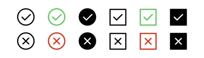 Checkmark tick icons. X mark symbol. Green check mark icon. Red cross sign. Approve and decline symbol. Outline cross mark. Choice symbol illustration vector