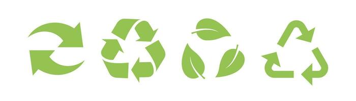 Recycle icon set. Recycle arrow in green. Recycle leaf icon. Reuse symbol. Eco sign. Eco triangle. Green leaves symbol. Nature pollution symbol vector