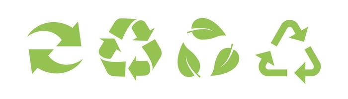 Recycle icon set. Recycle arrow in green. Recycle leaf icon. Reuse symbol. Eco sign. Eco triangle. Green leaves symbol. Nature pollution symbol vector