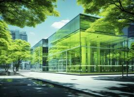Vividly Saturated Transparent Office Enveloped by Lush Green Trees and an Office Building. AI Generated photo