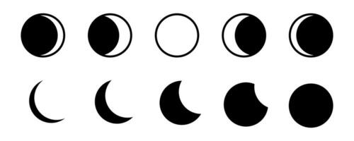 Luna icono colocar. Luna fase símbolo. creciente icono en glifo. creciente icono colocar. lunar símbolo en negro. Luna silueta. valores vector ilustración