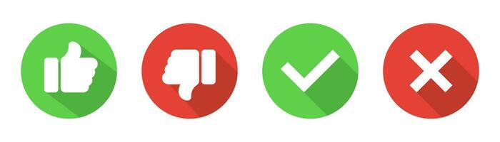 Like and dislike button. Green checkmark tick. Red cross button. Thumb up and thumb down. Like and dislike symbol in circle. Checkmark tick in green. Stock vector