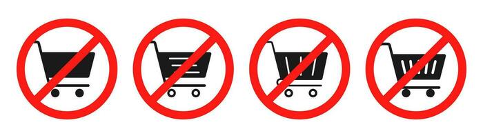 No cart icon. Red circle with shopping cart. Shopping trolley restriction. No cart in circle. Forbidden sign. Stock vector illustration