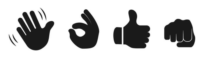 Hand emoji gesture. Waving hand. Thumb up and ok gesture. Hand emoji icon in black. Oncoming fist symbol. Hand gesture icon set. Stock vector illustration.