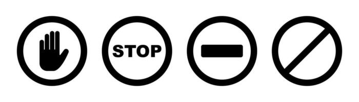 Stop sign. Black forbidden symbol. Stop circle in black. No entry sign. Restriction hand symbol. No way icon. Round stop warn. Stock vector illustration