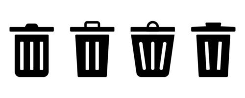 Trash can icon set. Recycle bin symbol. Trash bin silhouette. Recycle symbol in black. Dustbin sign in glyph. Stock vector illustration