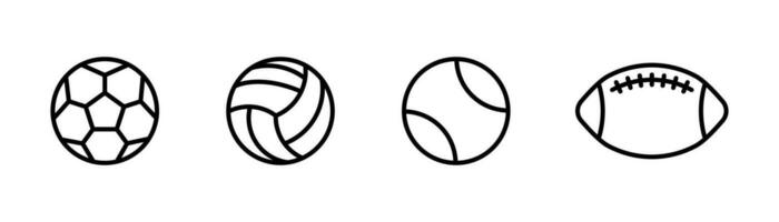 Ball icons set. Sport ball icon in line. Football and volleyball icons set. Soccer and tennis ball. Stock vector illustration.