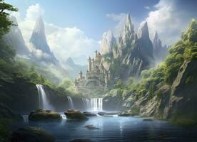Majestic Waterfall Scenery with Mountain and Castle Overlooking a Central Rock. AI Generated photo