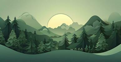 Paper Cut Forest Background with Trees and Sunlight in Shades of Green. AI Generated photo