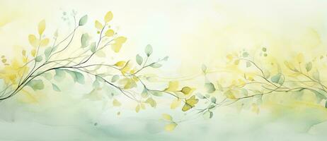 Abstract Watercolor Wallpaper with Decorative Plants in Light Green and Yellow. AI Generated photo