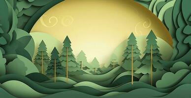 Paper Cut Forest Background with Trees and Sunlight in Shades of Green. AI Generated photo