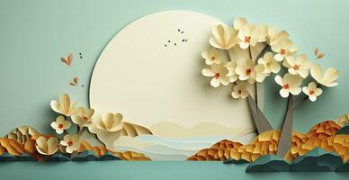 Paper Crafted Background with Artistic Tree, Flower, and Leaf Designs. AI Generated photo