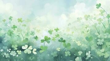 Soft Dreamy Watercolor Background with Green and White Shamrocks in Floral Impressionism Style. AI Generated photo