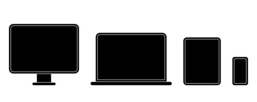 computadora, computadora portátil, tableta y teléfono icono. dispositivo icono colocar. computadora icono en glifo. ordenador portátil símbolo en negro. tableta en sólido. teléfono inteligente ilustración. computadora y ordenador portátil recopilación. vector