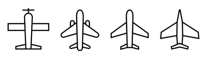 Plane icon set. Airplane in line. Jet symbol in black. Outline civil plane and fighter. Aircraft icon. Jet in outline set. Stock vector illustration.