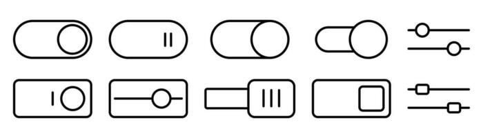 Switch toggle icon set. Outline toggle icon. Turn on and turn off slider. Switch on and off toggle. Power button in line style vector
