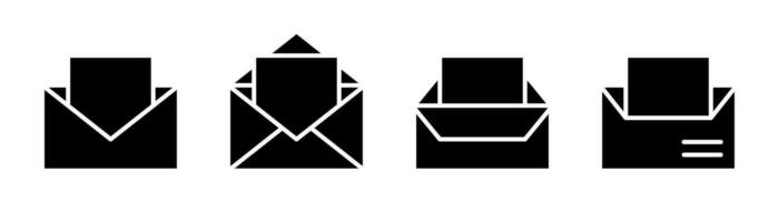 Envelope icon set. Open mail icon in glyph. Message symbol in solid. Mail envelope in glyph. Letter sign. Open email symbol in black. Stock vector illustration