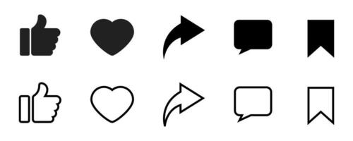 Like, share, comment symbol. Thumb up and like heart. Comment and share icon set. Outline and filled vector