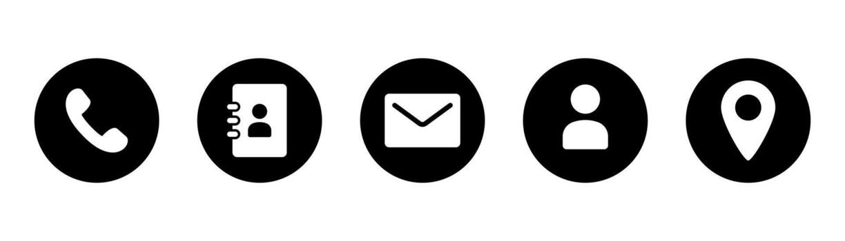 Contact us icon set. Support icons. Contact icon in circle. Phone symbol. Location pointer in black. Phone book symbol vector