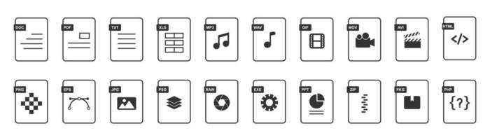 File format icons. Document format set. File extension icons. Document format. PDF, PPT and HTML file extension. Stock vector illustration