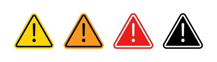 Warning triangle icons set. Caution warn in yellow, orange, red. Warning sign with exclamation mark. Alert warn in triangle. Road sign alert. Stock vector illustration