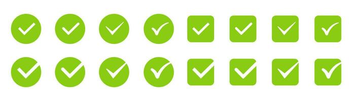 Green checkmark tick set. Correct tick symbol. Round and square checkmark tick. Correct sign icons. Approved symbol in green. Positive choice sign. Stock vector illustration