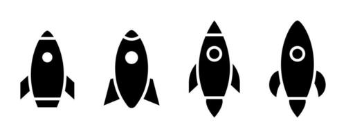 Rocket icons set. Spaceship symbol. Black rocket icon. Startup symbol. Spacecraft sign. Spaceship silhouette. Startup illustration. Shuttle icon in black. Stock vector