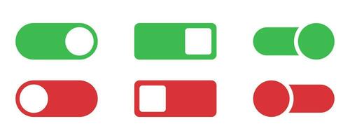 Toggle icon set. Switch toggle slider. Turn off and on toggle. Switcher icon set. Switcher in green and red. Turn on slider. Active and inactive slider. Stock vector illustration