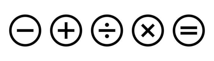 Calculator icons set. Minus, plus and equal symbols. Mathematic symbol in circle. Calculator symbol in line. Stock vector illustration