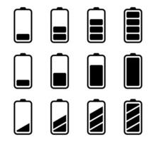 Battery status icon. Phone battery icon set. Mobile battery level in black. Phone charge indicator in black. Stock vector illustration