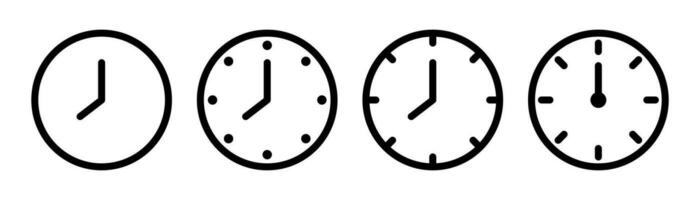 Clock icon set. Watch symbol in line. Outline clock sign. Linear watch icon. Stopwatch symbol on white background. Stock vector illustration