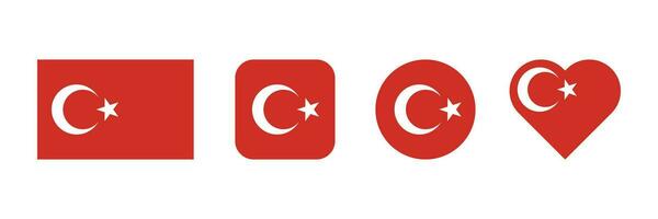 Turkey flag. Turkey flag in different shape. Turkiye symbol set. Earthquake in Turkiye. Heart shape in red. Support Turkey icon vector