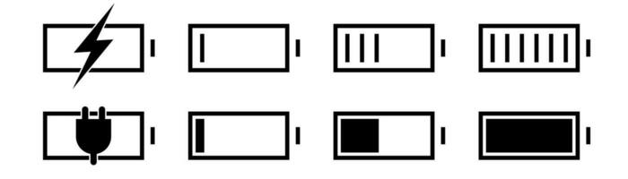 Battery icon. Mobile battery indicator. Power symbol. Mobile charger. Accumulator level. Full and empty battery indicator. Charge symbol. Stock vector illustration