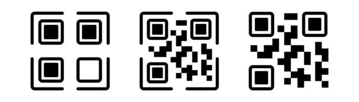 qr código icono colocar. qr escáner. qr código símbolo en cuadrado. código de barras símbolo. identificación etiqueta. exploración icono. valores vector ilustración