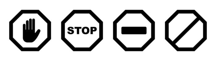 Stop sign. Black forbidden symbol. Stop octagon in black. No entry sign. Restriction hand symbol. No way icon. Square stop warn. Stock vector illustration