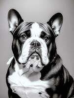 Happy Dog Bulldog Black and White Monochrome Photo in Studio Lighting