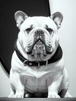 Happy Dog Bulldog Black and White Monochrome Photo in Studio Lighting