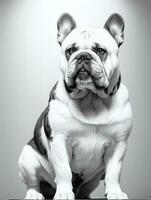 Happy Dog Bulldog Black and White Monochrome Photo in Studio Lighting