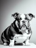 Happy Dog Bulldog Black and White Monochrome Photo in Studio Lighting