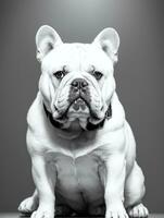 Happy Dog Bulldog Black and White Monochrome Photo in Studio Lighting