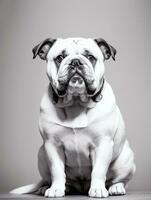 Happy Dog Bulldog Black and White Monochrome Photo in Studio Lighting