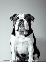 contento perro buldog negro y blanco monocromo foto en estudio Encendiendo