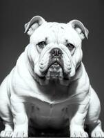 Happy Dog Bulldog Black and White Monochrome Photo in Studio Lighting