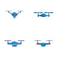 Flying drone icons set cartoon vector. Drone quadrocopter with camera vector